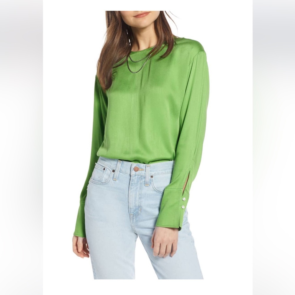 Something Navy Bright Green Blouse with Sleeve Buttons